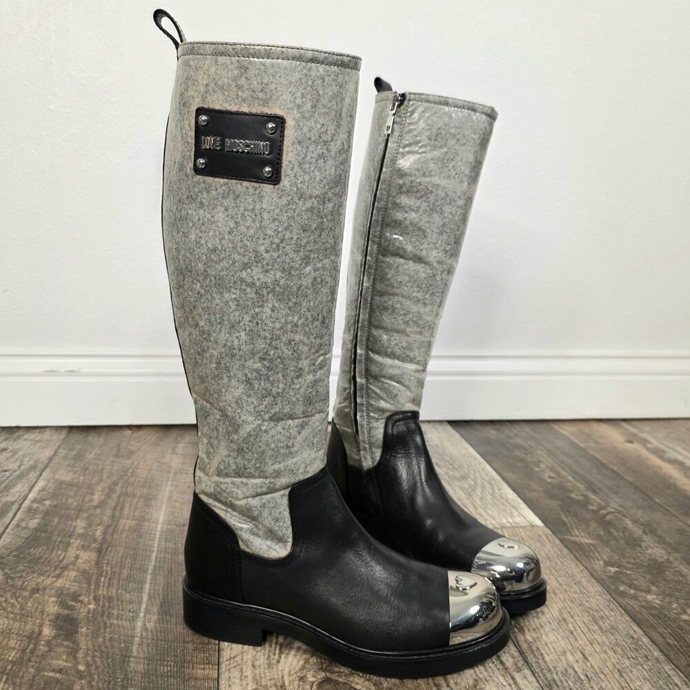 Love Moschino Heart Metal Cap Toe Knee High Boots Gray Felt Leather Moto Size 38